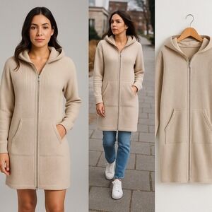 Aibrou Longline Hooded‎ Sweater Coat Women's XXL Beige Zip Front Knit Cardigan